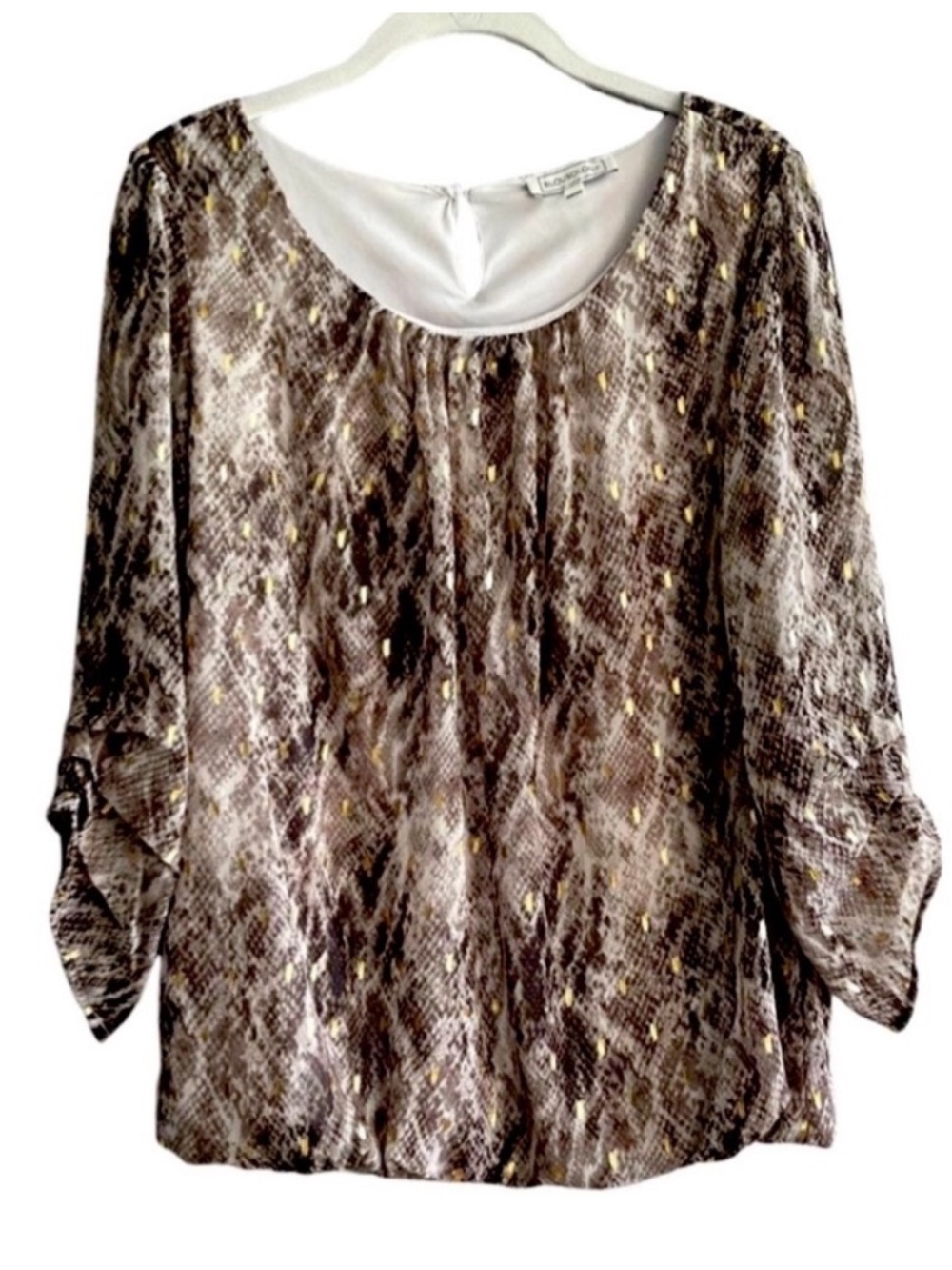 Blousology Chiffon Blouson Blouse Relaxed Fit Brown Cream Metallic Flecks Size M